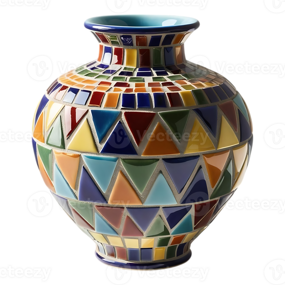 Colorful Mosaic Vase with Geometric Patterns and Blue Interior Glaze. png