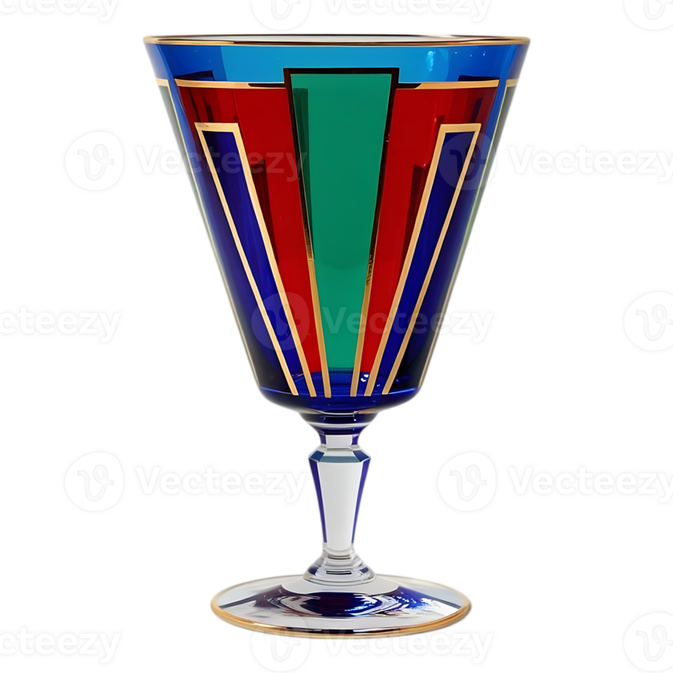 Art Deco Style Cocktail Glass with Colorful Geometric Design and Gold Trim. png