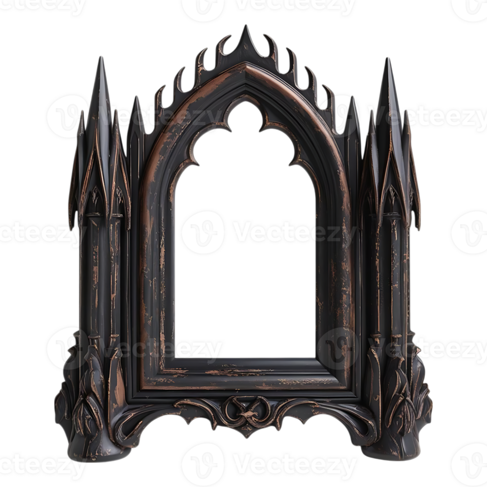Ornate Gothic Arch Frame with Spire Details and Distressed Finish. png