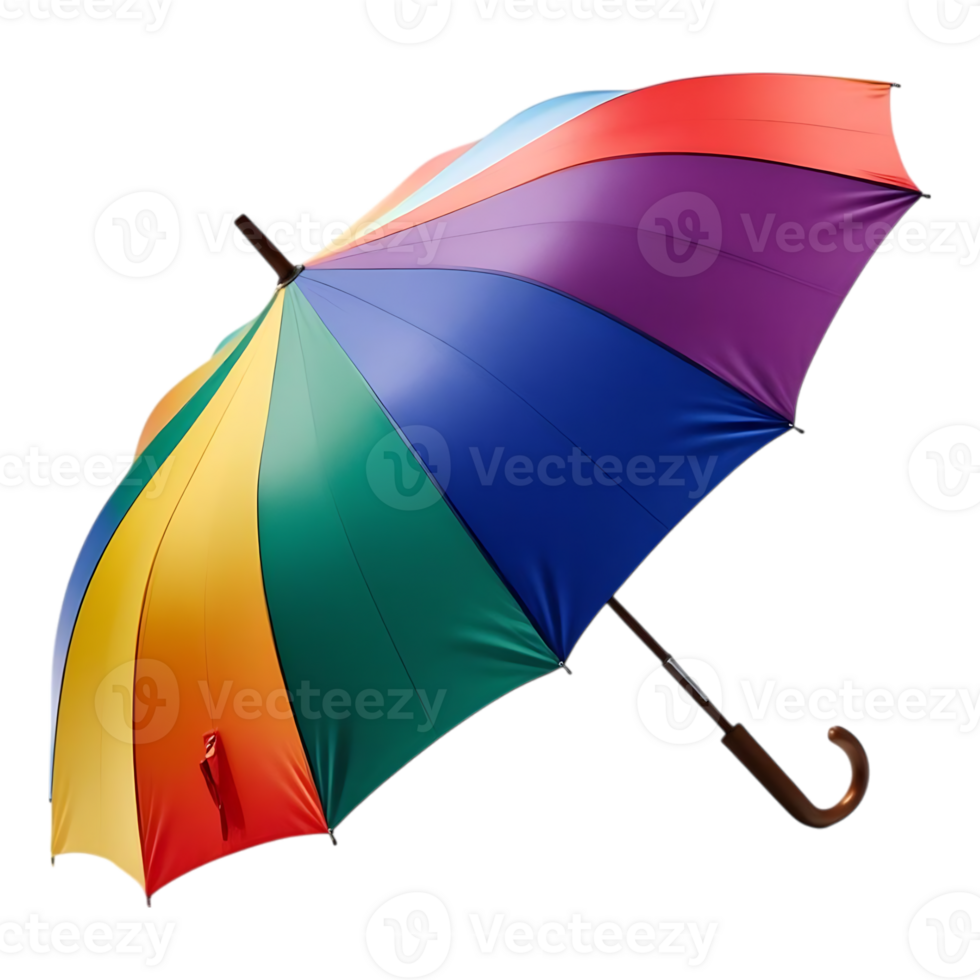 Open Rainbow Umbrella with Wooden Handle and Colorful Fabric Design. png