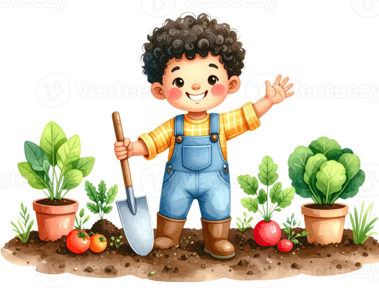 Cute cartoon boy gardening with a shovel and vegetables png
