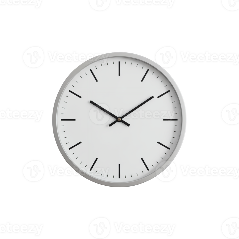 Minimalist white wall clock with black hands isolated on transparent background png