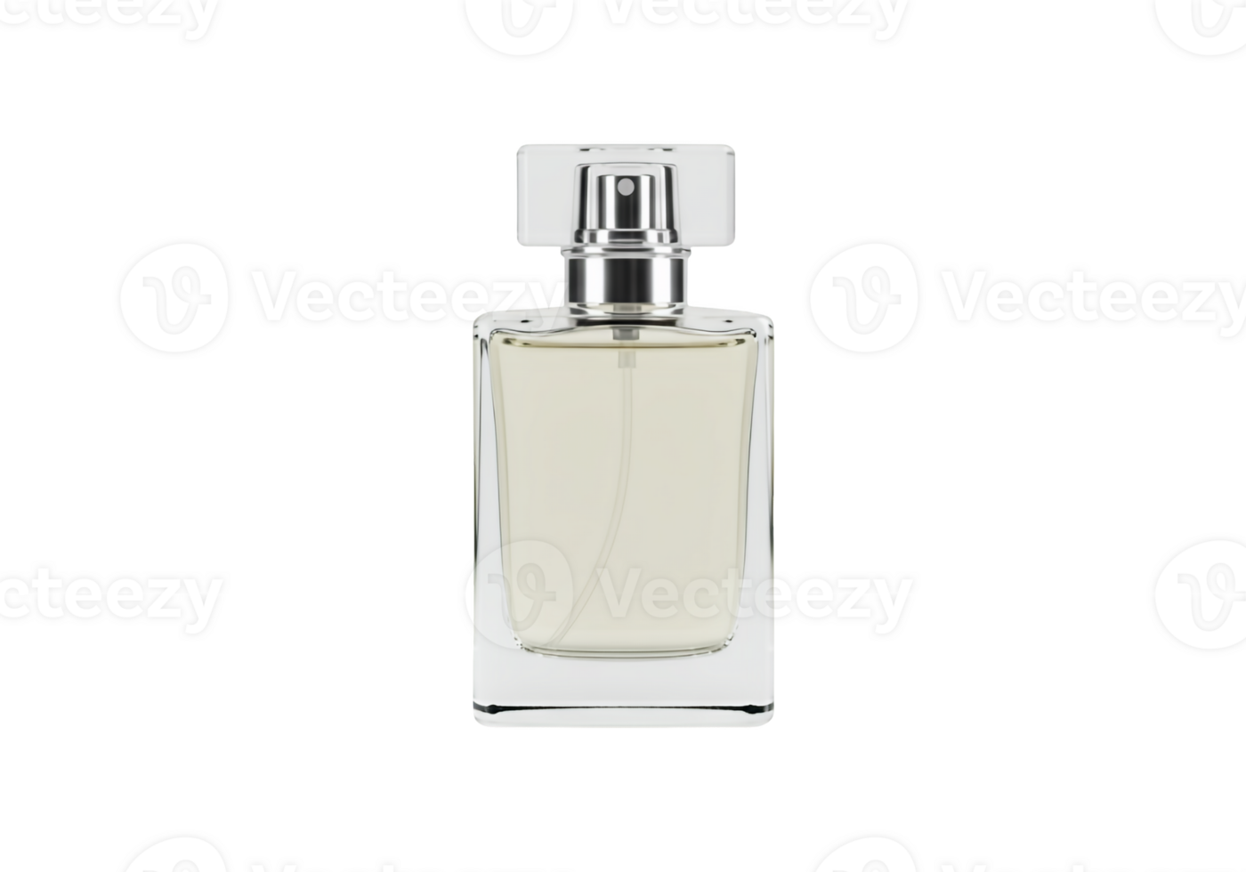 Elegant rectangular glass perfume bottle with silver spray nozzle isolated on transparent background png