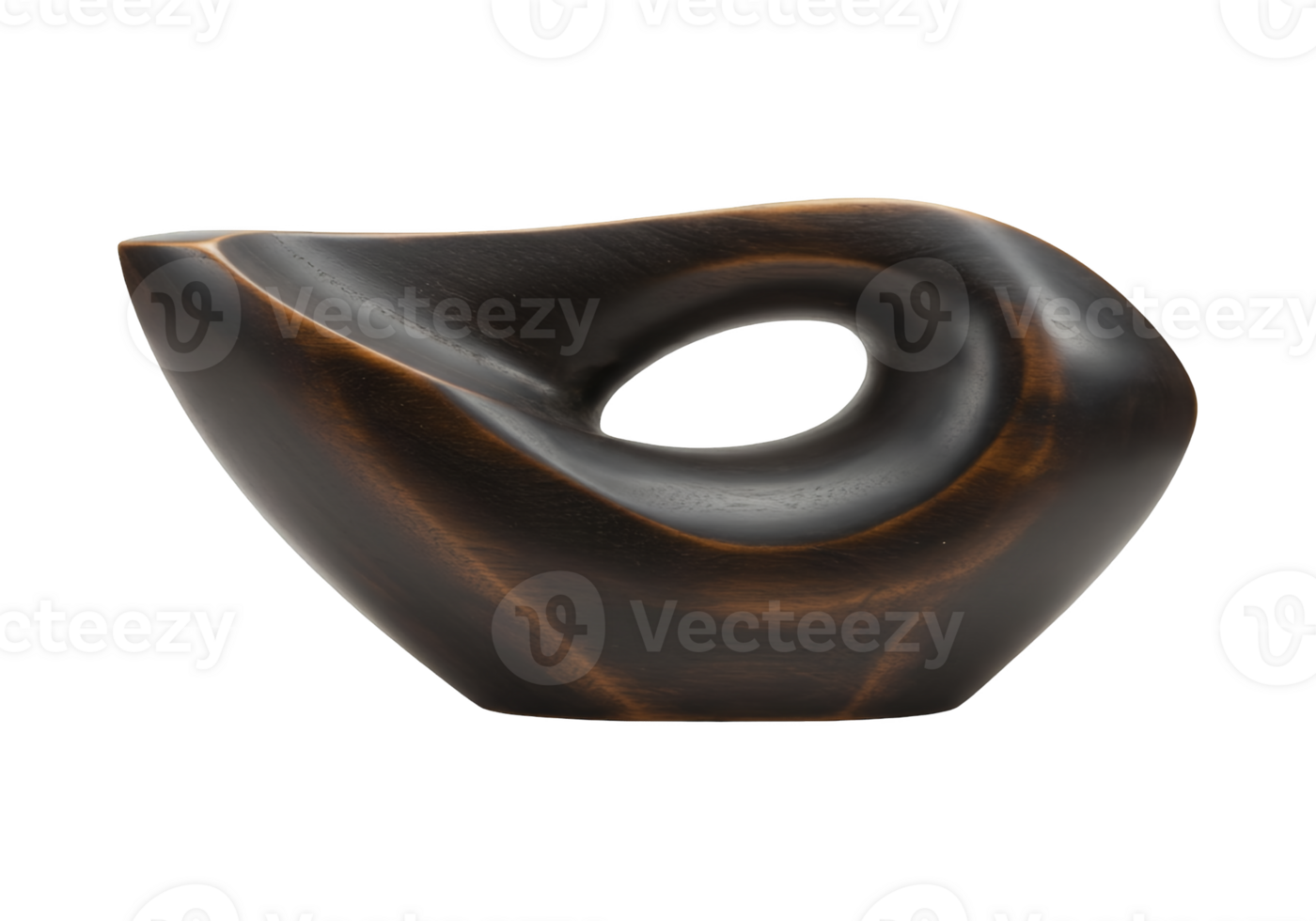 Abstract dark wood sculpture with organic shape and hole isolated on transparent background png