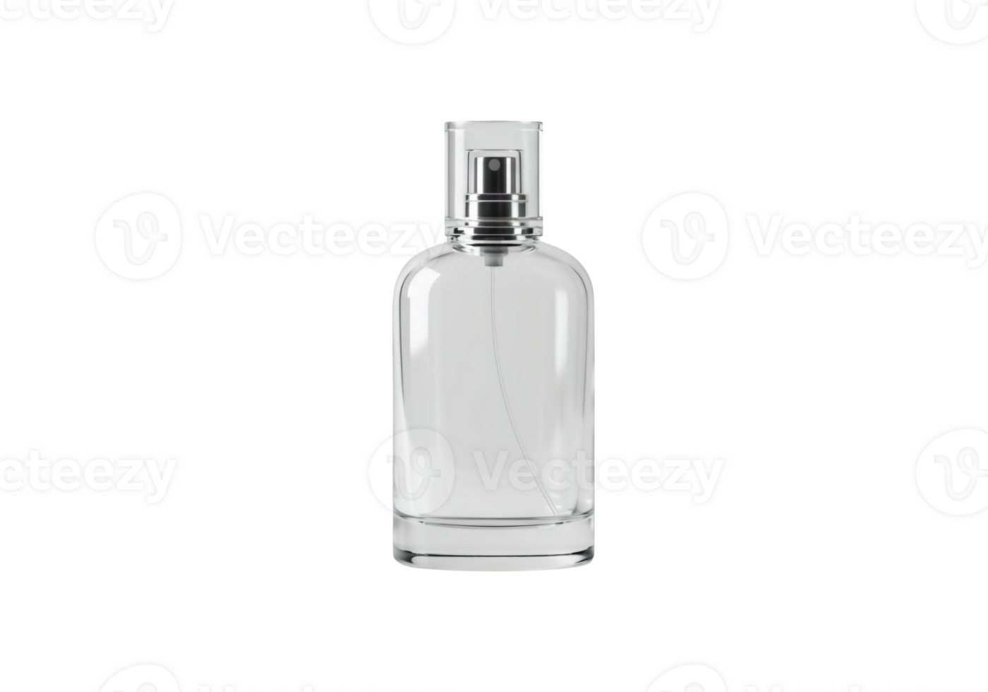 Clear glass perfume bottle with silver spray nozzle isolated on transparent background png