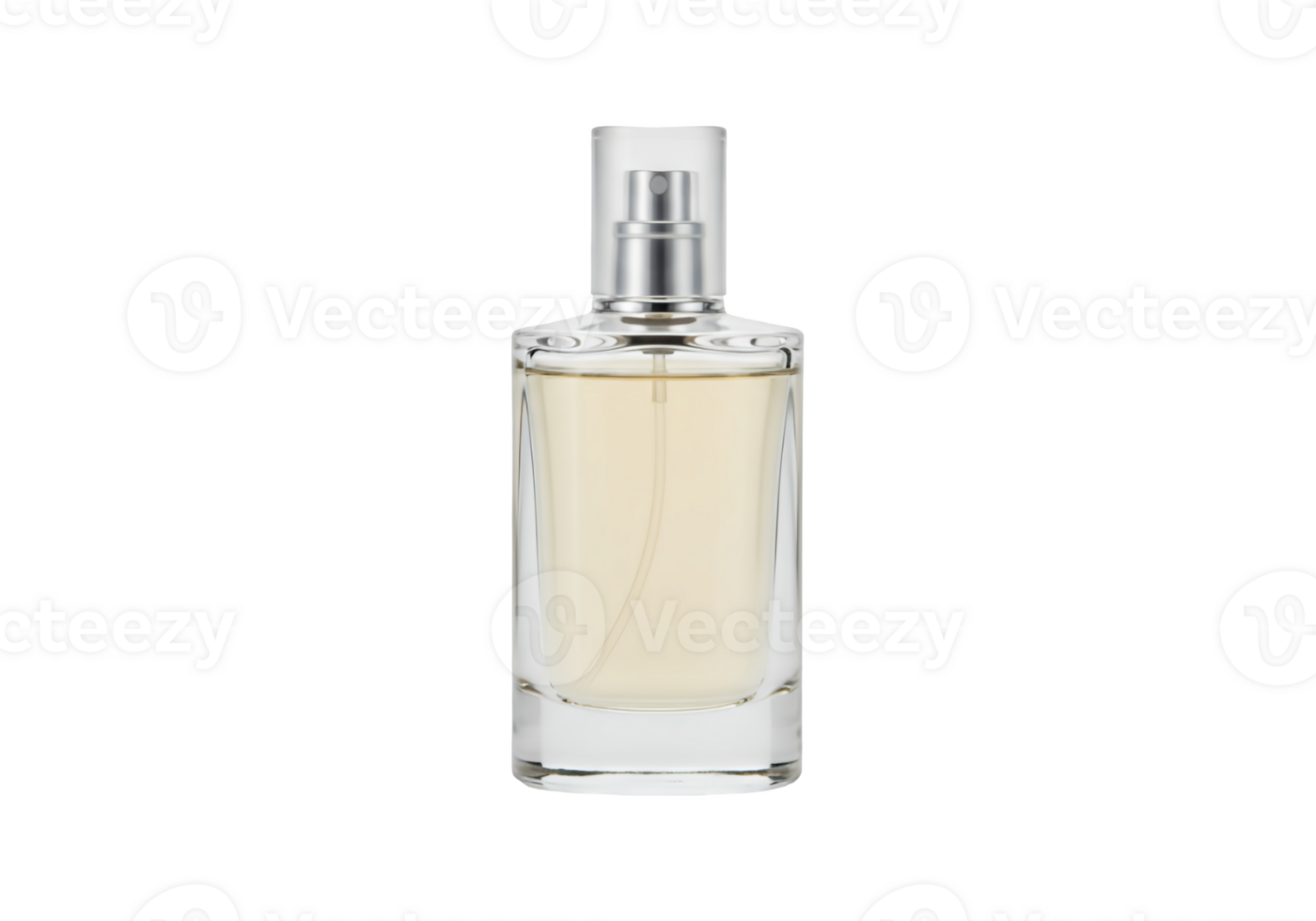 Perfume bottle with clear liquid and silver spray nozzle isolated on transparent background png