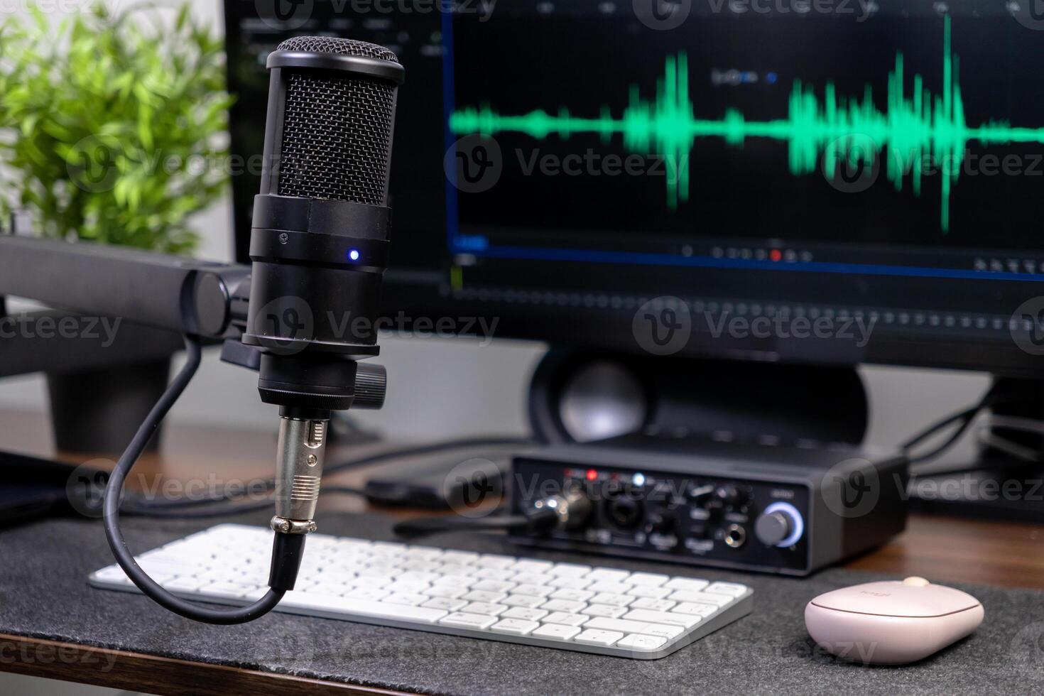 Professional microphone, audio interface, and computer screen with waveform for home studio podcasting, digital audio recording, and online content creation photo