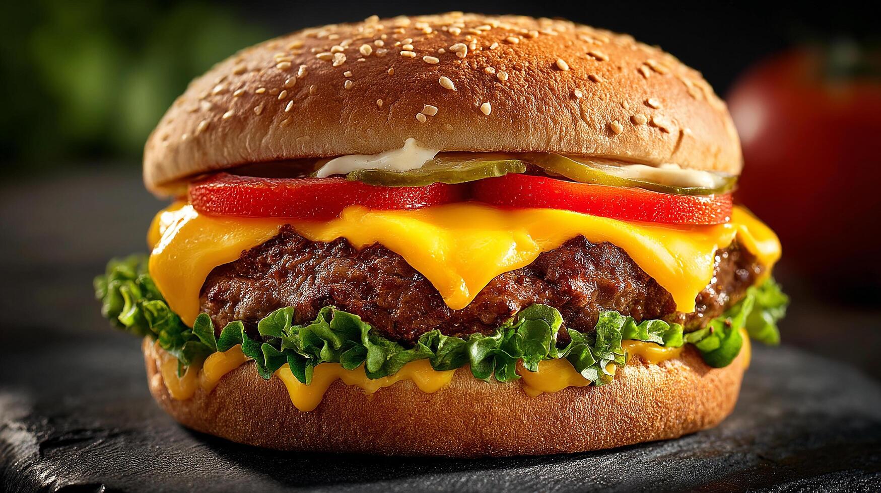 Natural daylight photography of cheeseburger with sesame bun and lettuce photo