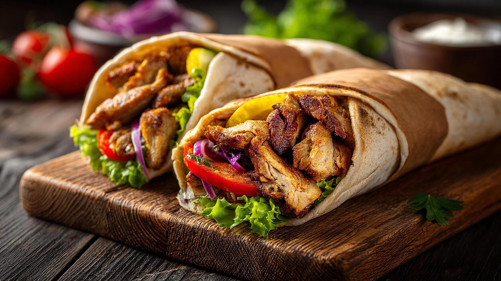 Shawarma wrap filled with greens and grilled meat image photo