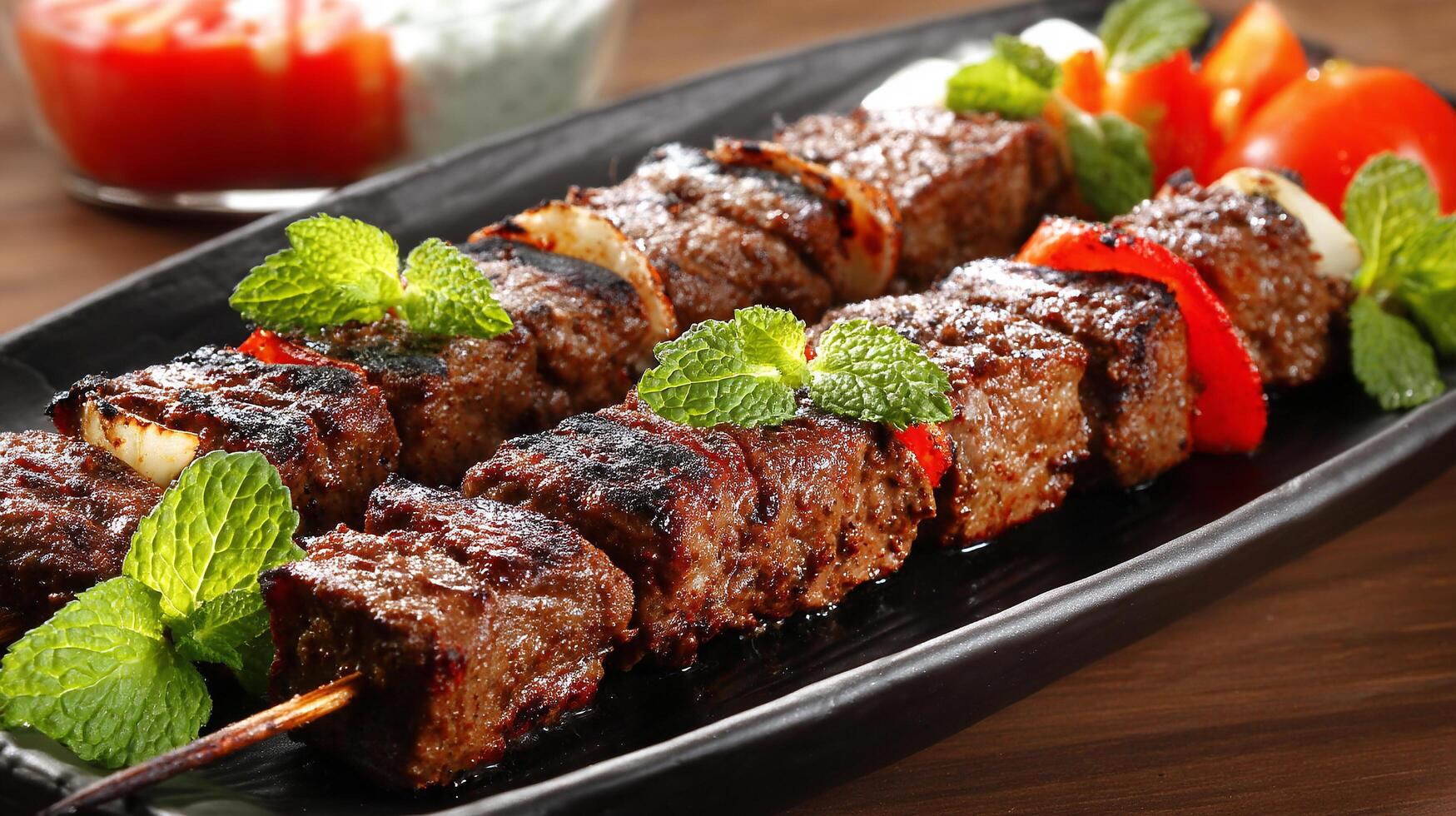 Tasty juicy kabab close up with natural light and juicy details photo