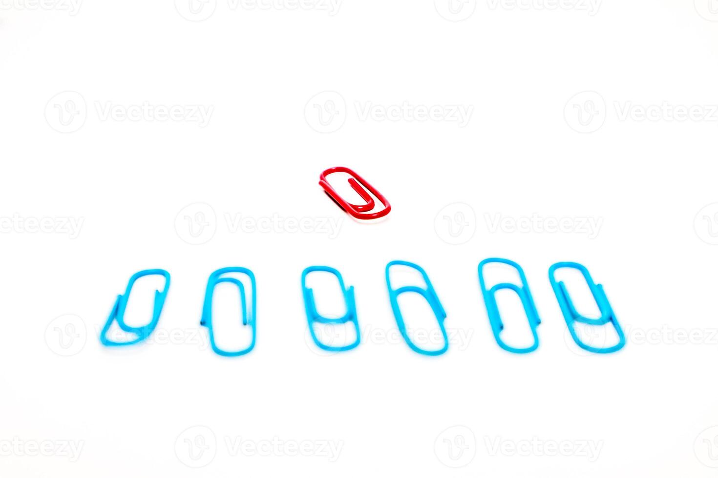 Paper clips isolated on white background, one red clip stands out from the blue photo