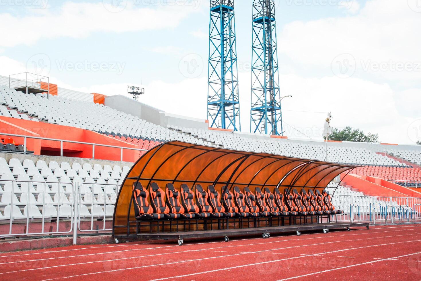 a team section at a football stadium. Karaganda multifunctional sports stadium,. Ideal for use in articles about sports infrastructure, urban development, or event planning photo
