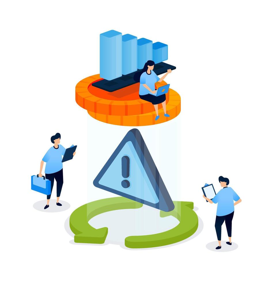 Illustration of economic circulation and investment in danger, highlighted by systematic analysis on a bar chart warning of financial risks and instability. Can be used for banner, mobile app, website vector