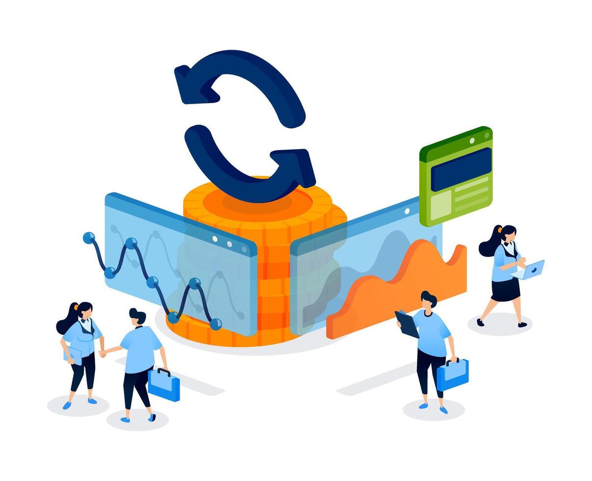 stack of coins and a financial flow chart visualized in financial software to represent savings, circulation, and systematic economic analysis tools. Can be used for banner, mobile app, website, card vector