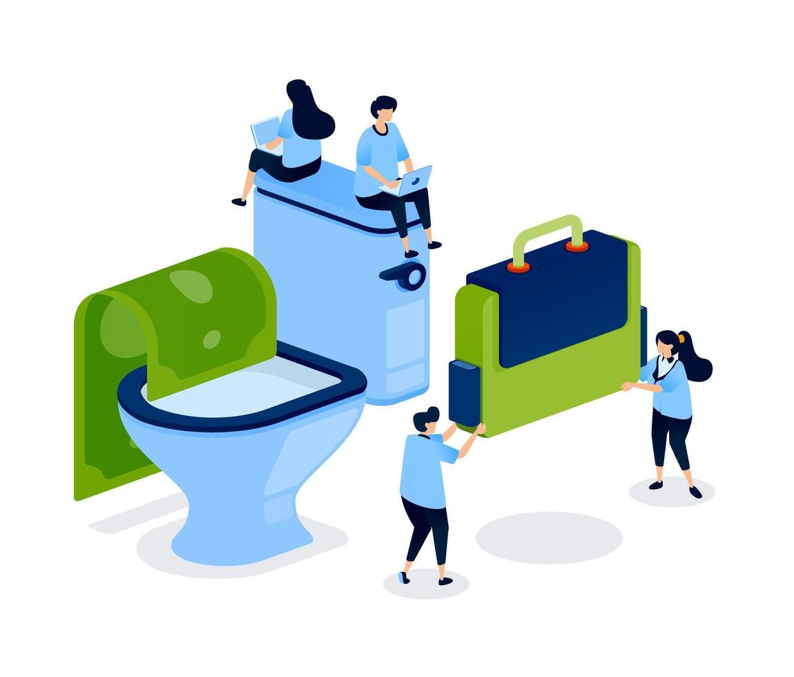 Visual metaphor of poor financial management at work, with money entering a toilet and a briefcase, symbolizing loss, waste, and company mismanagement. Can be used for banner, mobile app, website, ads vector