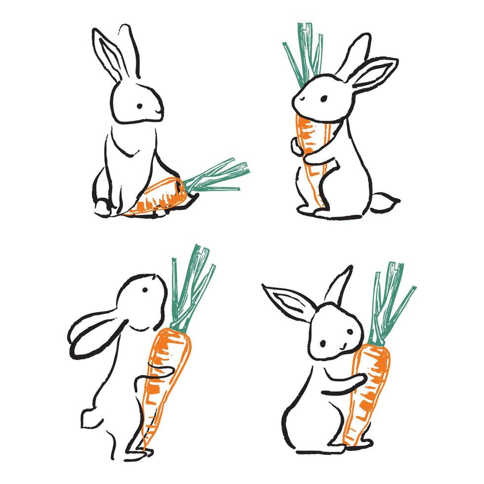 Cute Bunnies with Carrots - Hand-Drawn Line Art vector
