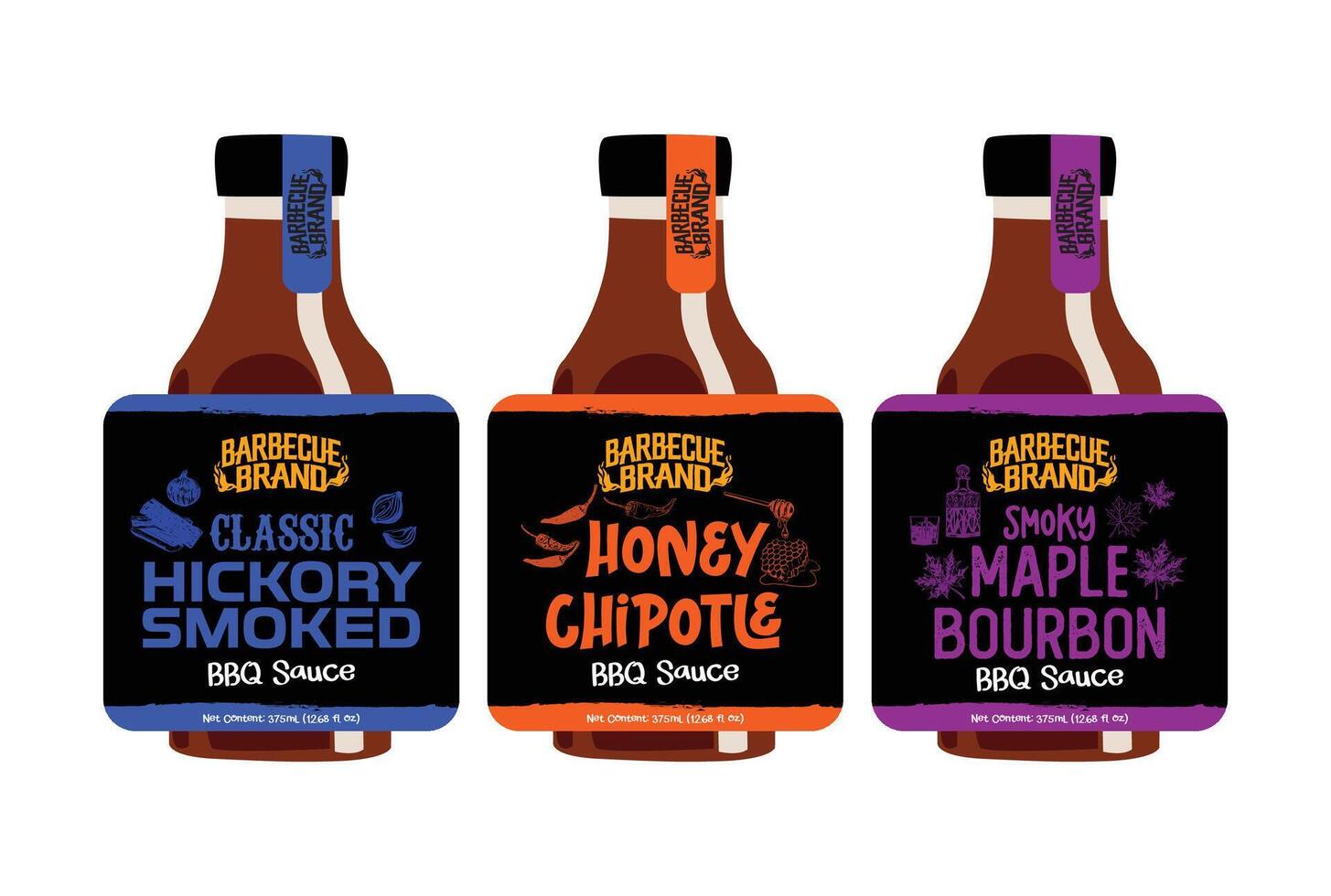 Vintage BBQ Sauce Label Set - Hickory, Honey Chipotle, Maple Bourbon vector