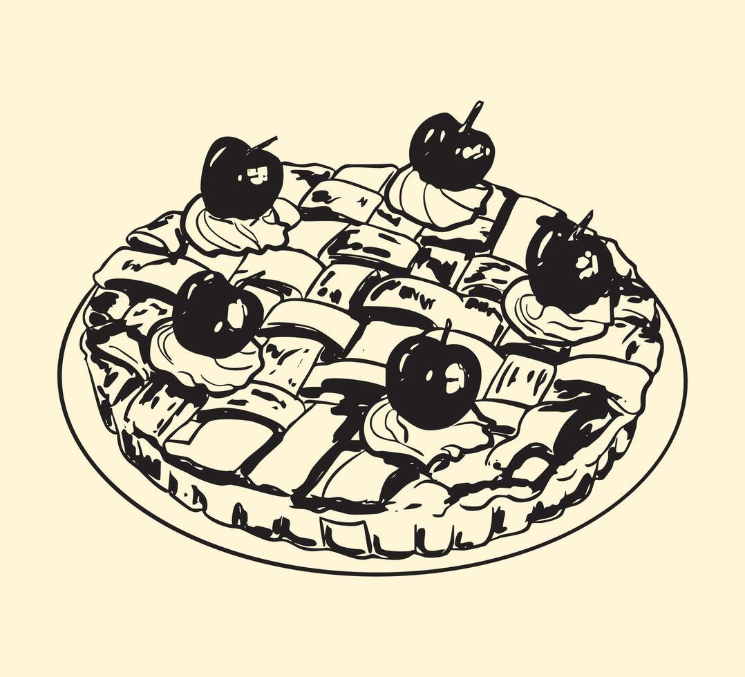 Black and White Lattice Apple Pie Illustration with Cherries vector