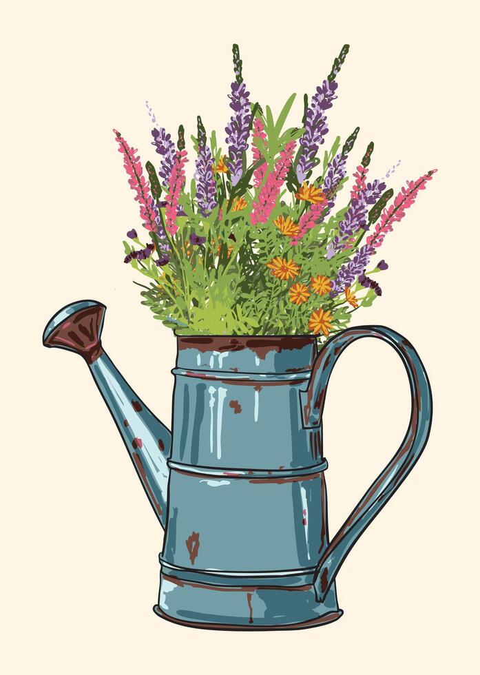 Vintage Watering Can with Wildflowers Illustration vector