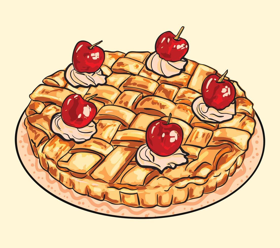 Lattice Apple Pie with Whipped Cream and Cherries Illustration vector