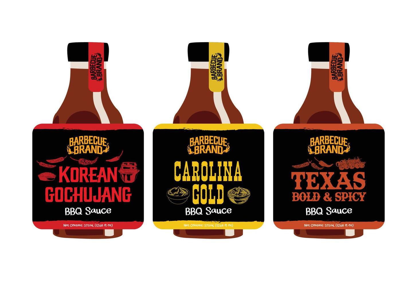 Bold BBQ Sauce Label Trio - Korean, Carolina Gold, Texas Styles vector