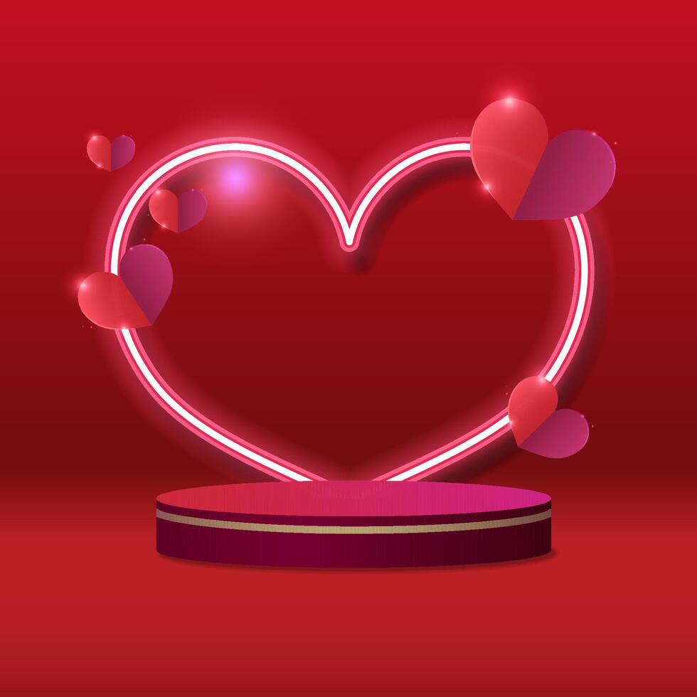 Romantic Neon Heart Background with Pink Podium and Floating Hearts vector