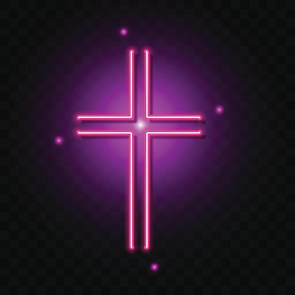 Religion cross neon sign. Purple Christian cross icon. vector