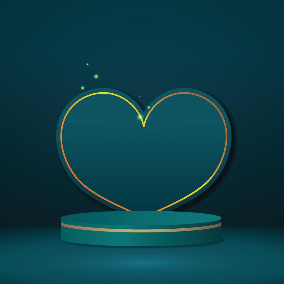 Romantic 3D Heart Podium with Gold Frame on Dark Teal Background. vector
