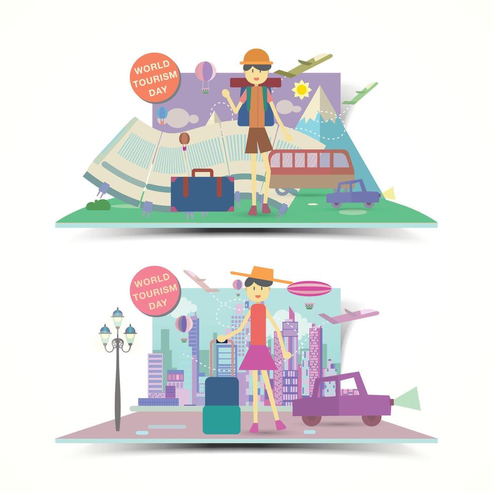 World Tourism Day illustration with travelers vector