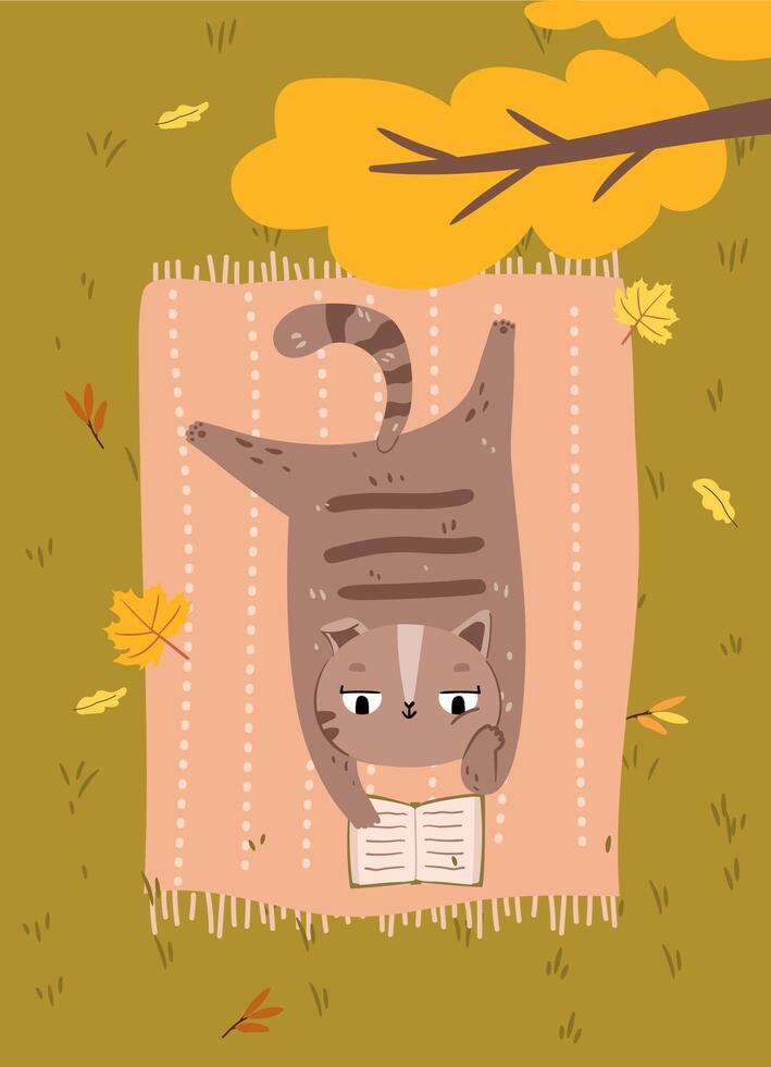 Cat reading a book on a blanket vector