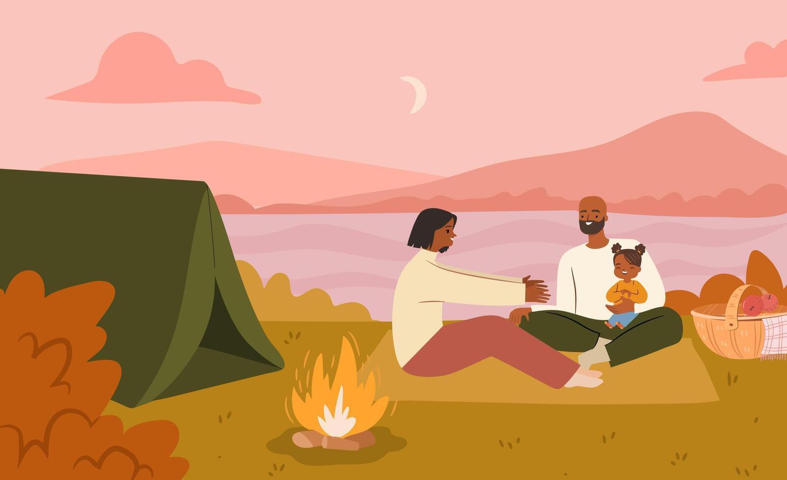 Family camping by a lakeside vector