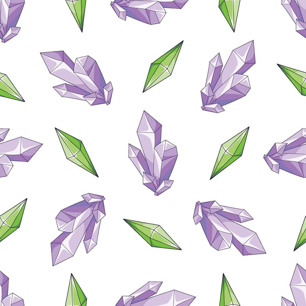 A seamless pattern with magical, light-reflecting purple and green crystals. vector