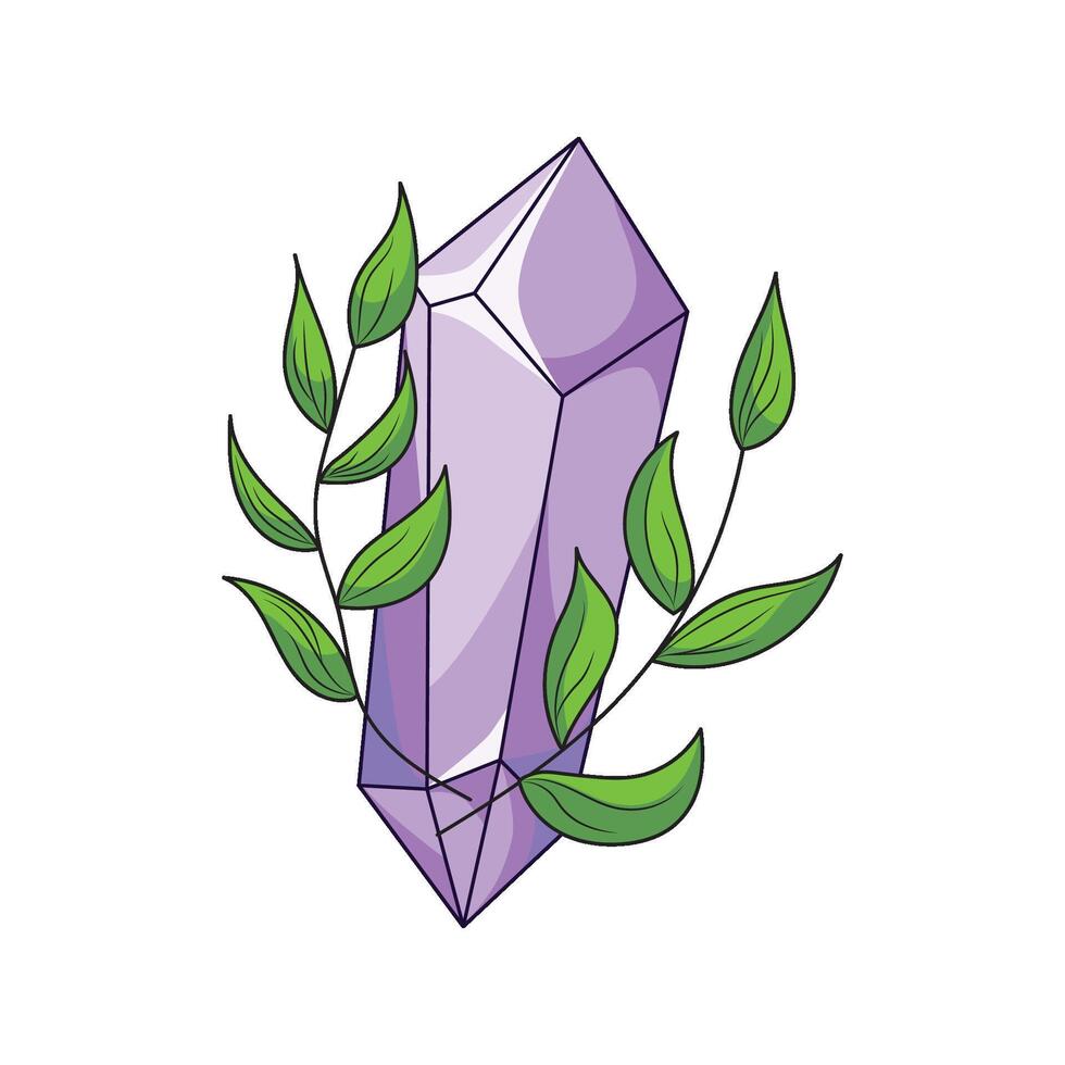 Purple crystal with green leaves, quartz, mineral, ice, magical element decorated with leaves vector