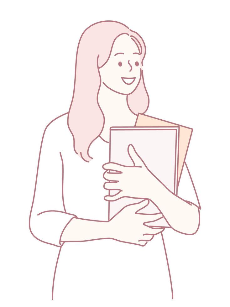 A Cheerful Young Woman Holding Several Books in a Delightful Minimalist Style for Ease and Clarity vector