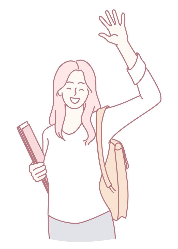 A cheerful student waves with her backpack of books, showing enthusiasm for learning and friendship vector