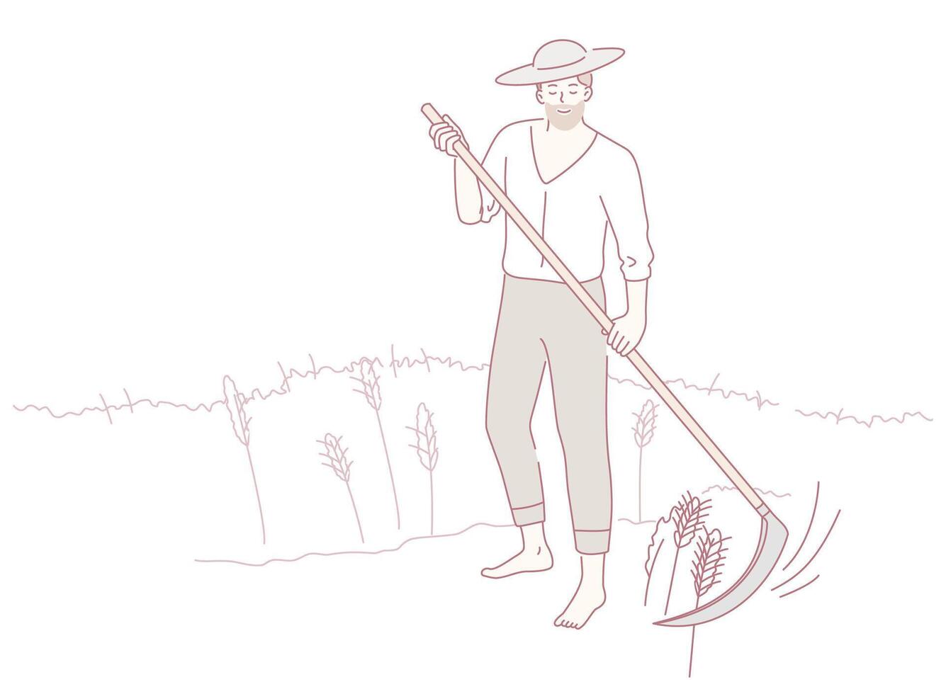 A traditional farmer skillfully using a scythe amidst a vast and golden wheat field vector