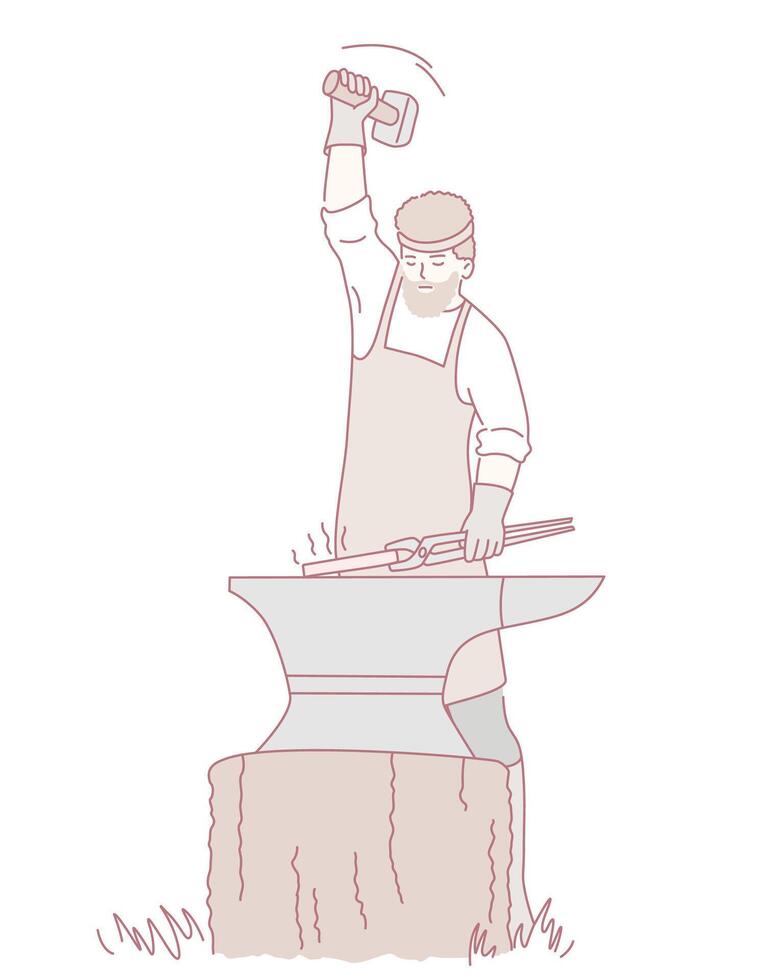 A skilled blacksmith is vigorously hammering metal on an anvil during a creative process vector