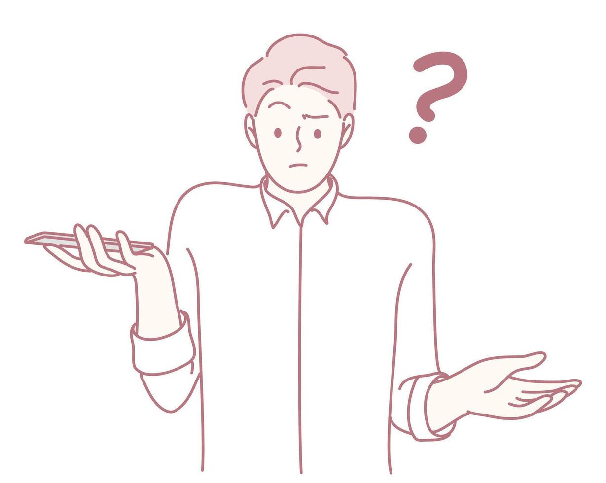 Illustration of a Confused Man with a Smartphone, Expressing Uncertainty through Gestures vector