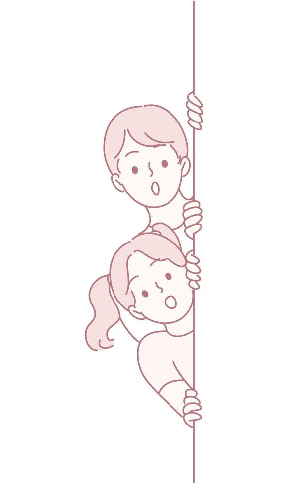 Characters filled with curiosity are playfully peeking around a large, colorful pole vector