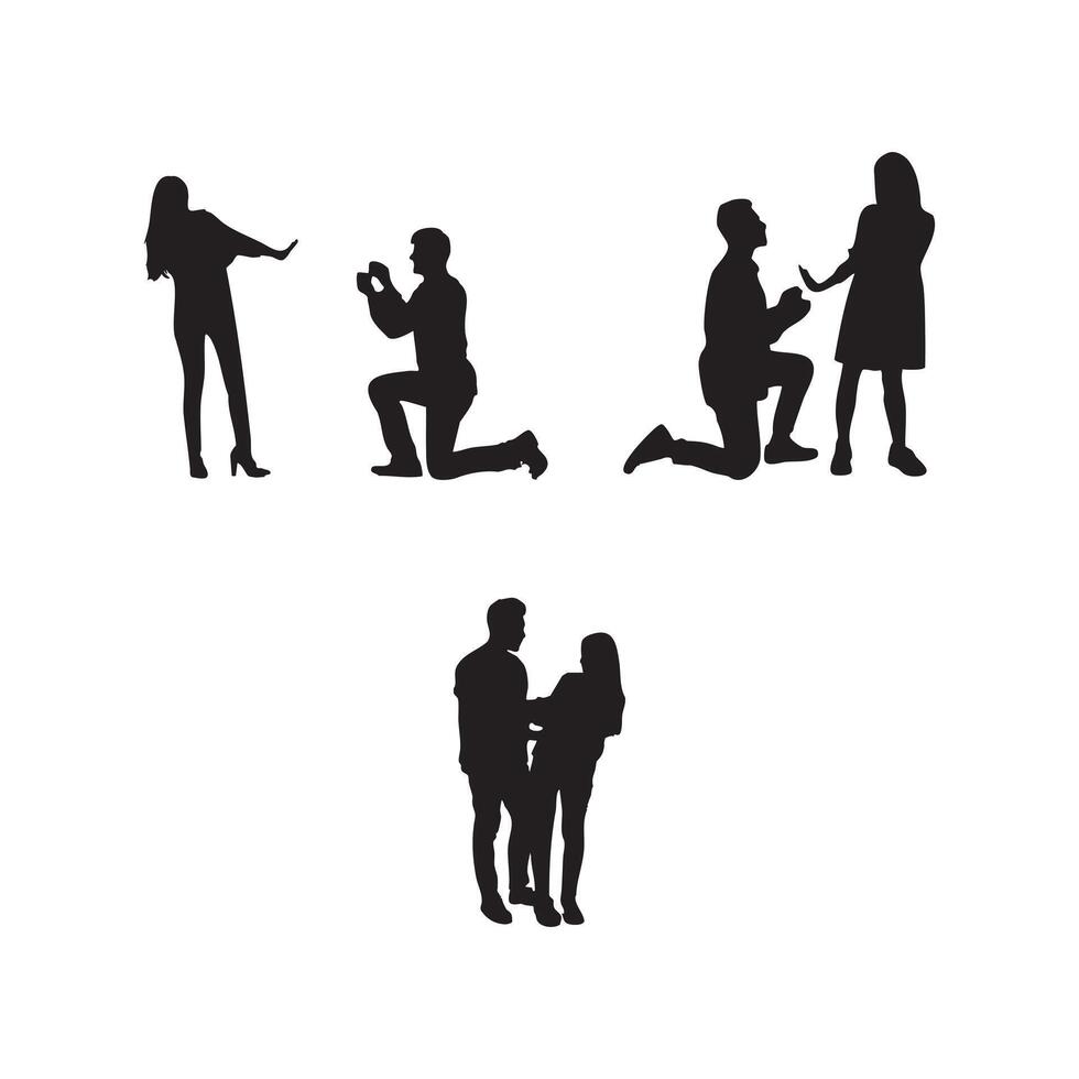 Young woman rejecting a marriage proposal silhouette. A young handsome man is making a proposal of marriage, but silhouette set White Background vector