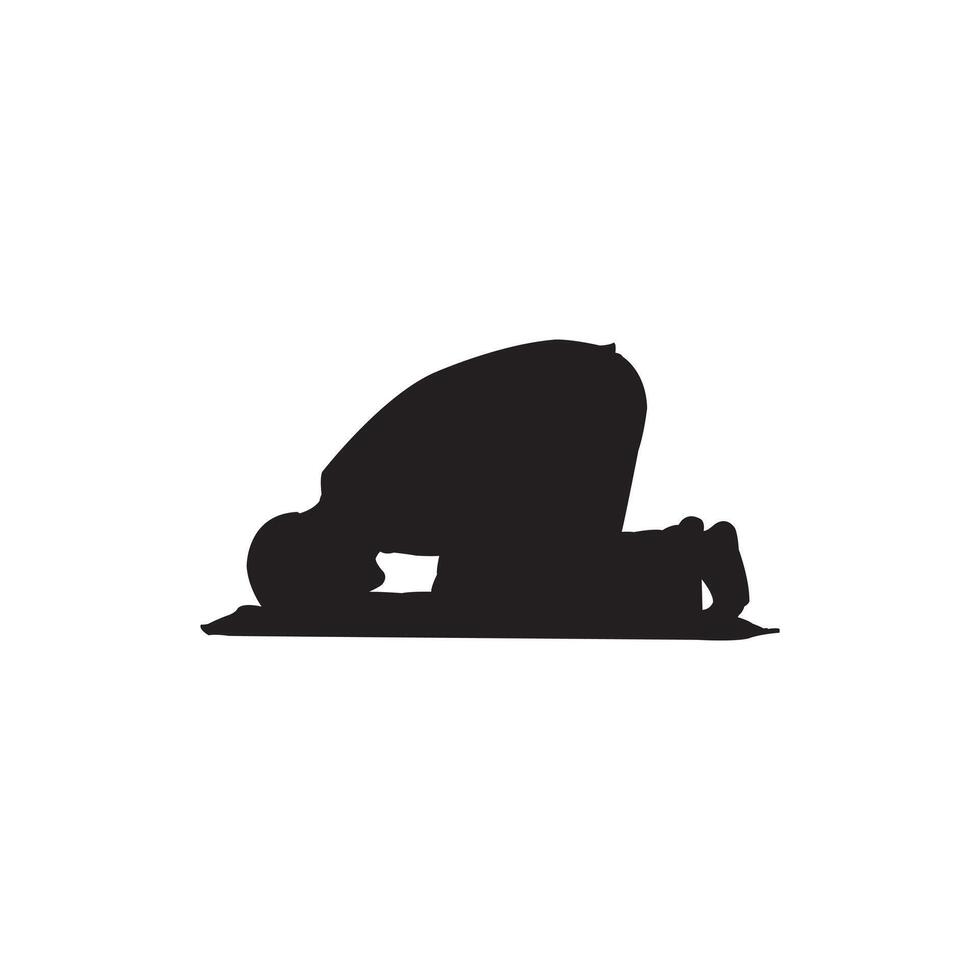 Silhouette man of Muslim in Sujud Sajdah Prostration Islamic Worship Pose Illustrating Devotion and Humility Toward Allah, Facing Qiblah on White Background vector