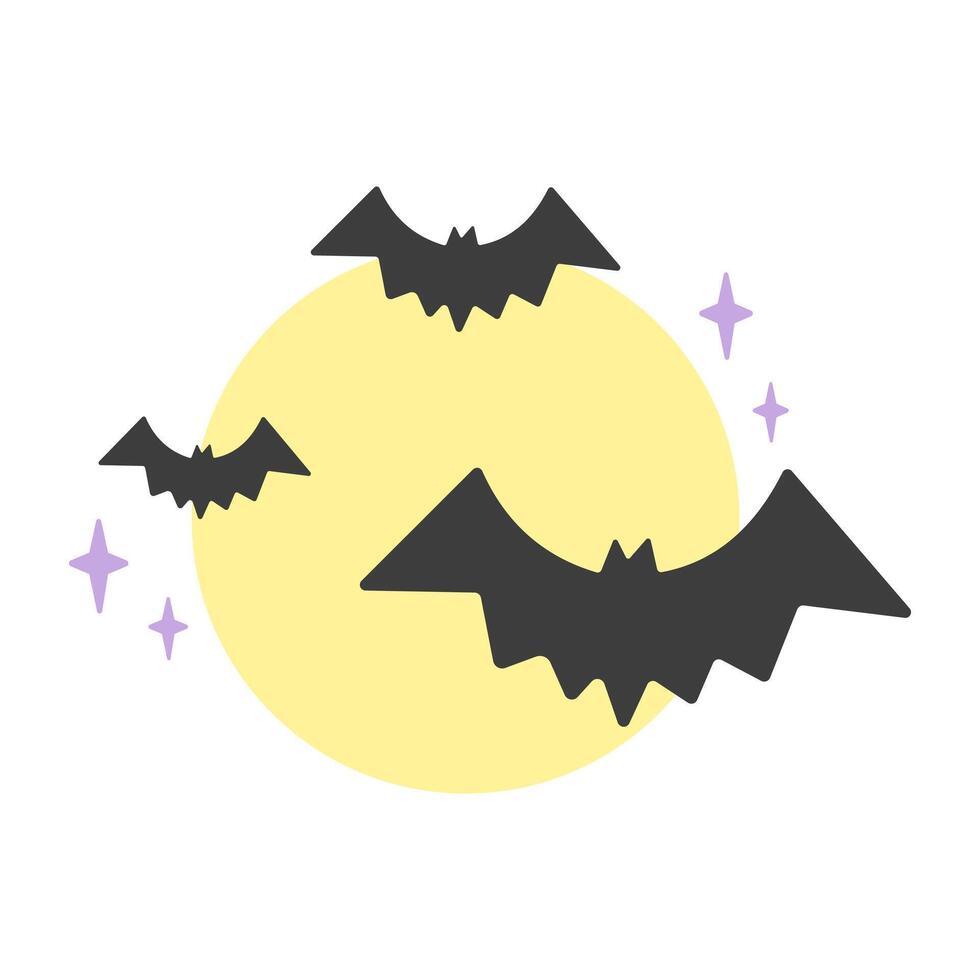 Spooky bats flying in front of a full moon with starry accents. Perfect for Halloween nights and eerie designs vector
