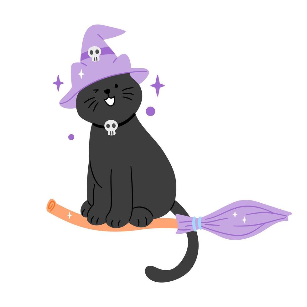 Adorable black cat witch with skull hat and collar, flying on a broom. Perfect for cute Halloween designs vector