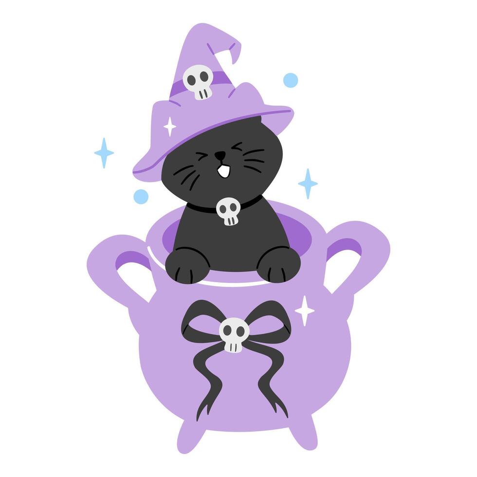 Cute black cat witch with skull hat and collar peeking out of a purple cauldron. Adorable Halloween illustration vector