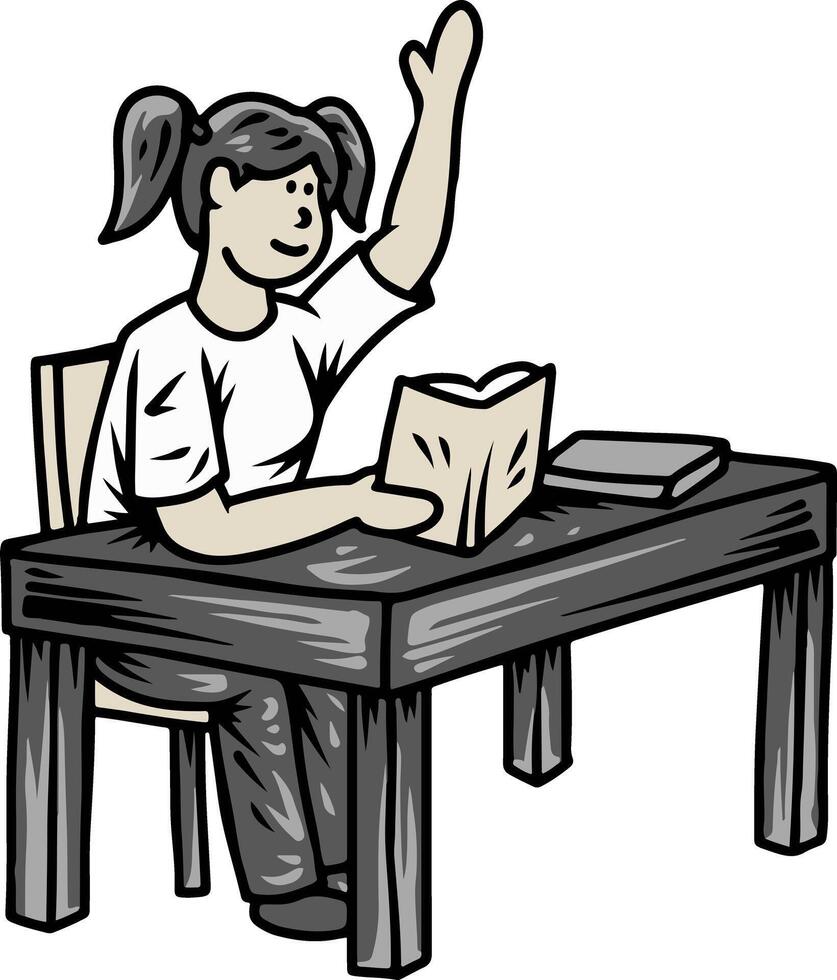 Student raising hand while reading book at desk illustration vector
