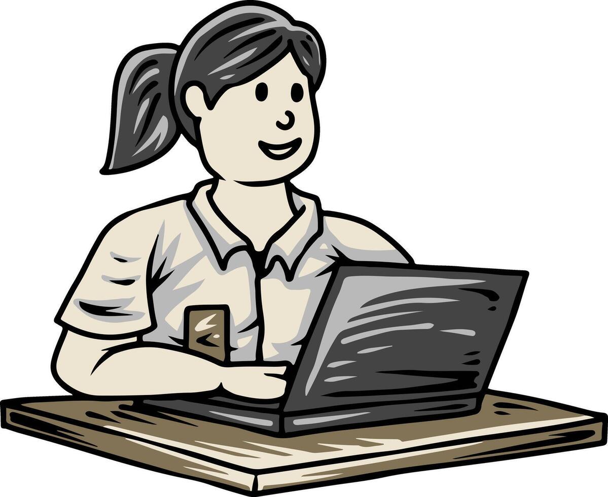 Female student using laptop at school desk illustration vector