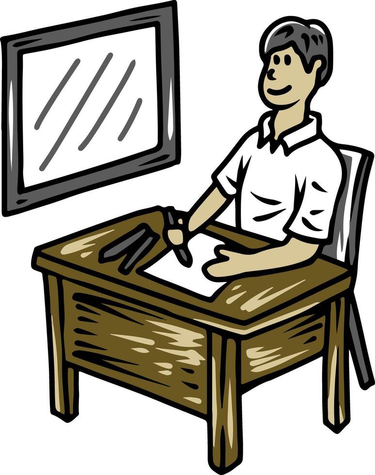 Male student writing at wooden desk near window vector