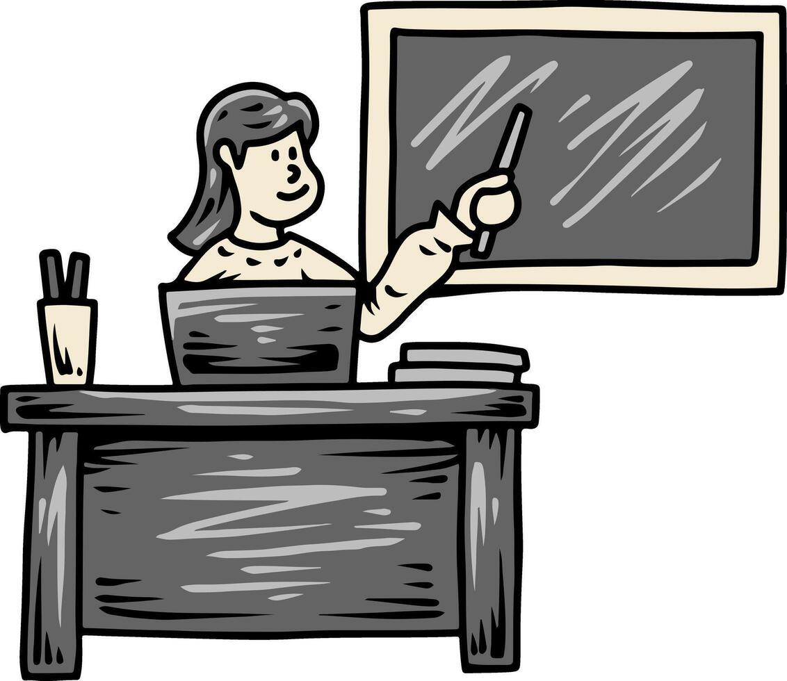 Teacher explaining lesson at blackboard in classroom illustration vector