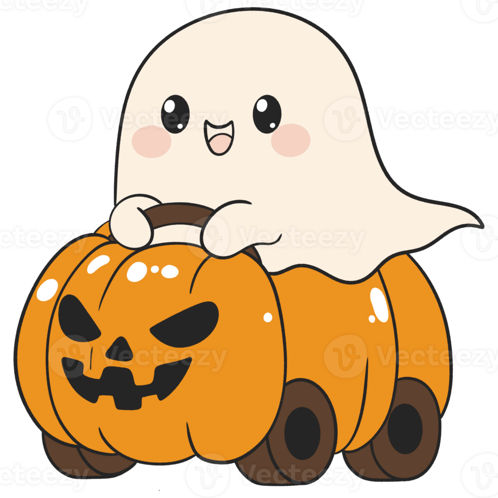 halloween cartoon ghost driving pumpkin car in kawaii flat style for kids png