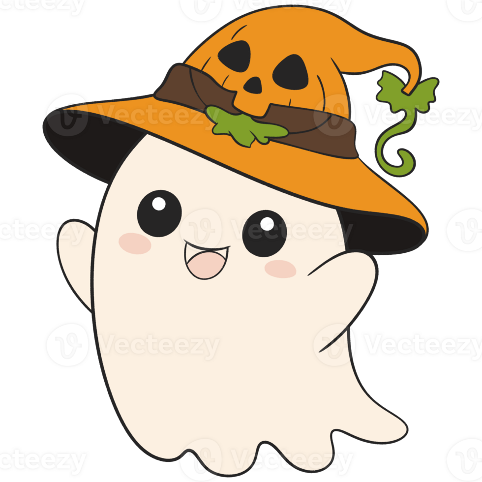 halloween ghost illustration with pumpkin hat in cute cartoon design png